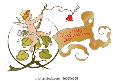 Stock illustration. Cupid angler. Congratulations Valentine's Day.