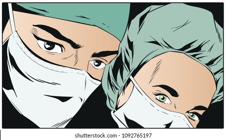 Stock illustration. Doctors in surgical masks.