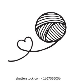 
stock illustration doodle drawing in doodle style. skein of wool for knitting with a heart. Cute drawing, knitting icon, handmade, hobby. svg