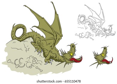 Stock illustration. Dragon on a pile of bones.