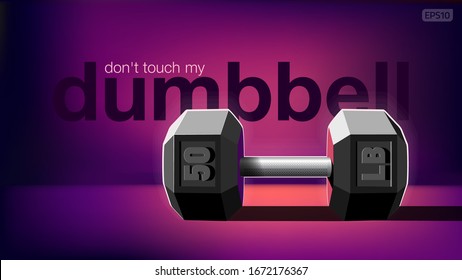 Stock illustration of a dumbbell stands still with a signature on a gradient background.