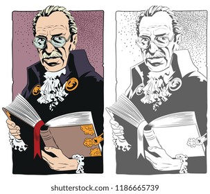 Stock illustration. Elderly man with old book.