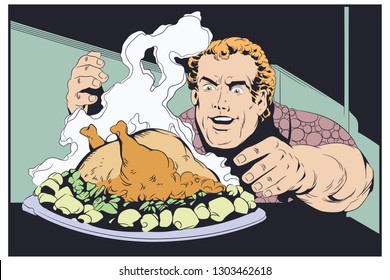 Stock Illustration. Fat Man Eating Chicken.