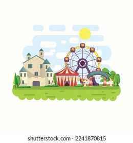 Ilustración en stock del circo de diseño plano y carnavales, encabezados, afiche, fondo