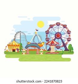 Ilustración en stock del circo de diseño plano y carnavales, encabezados, afiche, fondo