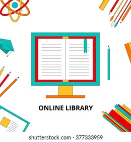 Stock Illustration Flat lay online training, webinars, job, training, work from home