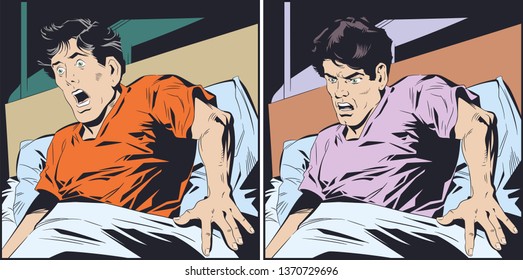 Stock illustration. Frightened man in bed.