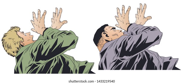 Stock illustration. Frightened man covering his face. 