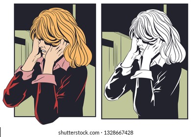 Stock illustration. Frightened woman covering her face hands. 