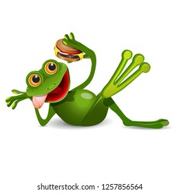 Stock Illustration Frog Lies with Cheeseburger on a White Background