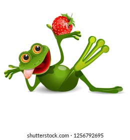 Stock Illustration Frog with Strawberry on a White Background