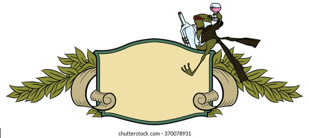 Stock illustration. Frog in a tuxedo, with a glass and bottle.