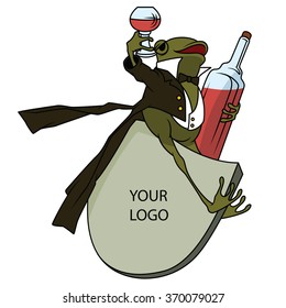 Stock illustration. Frog in a tuxedo, with a glass and bottle.