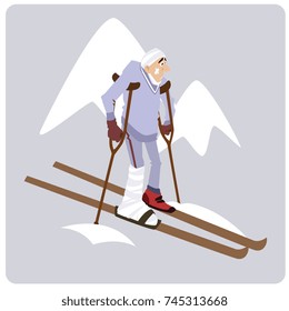 Stock illustration. Funny skier on crutches.