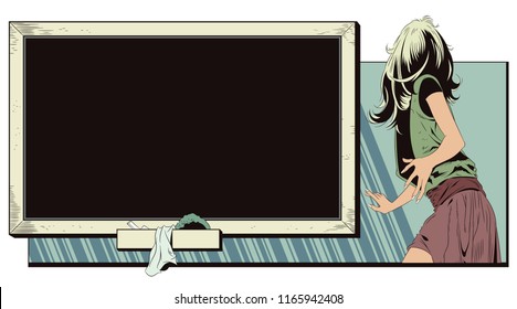 Stock illustration. Girl beside chalkboard.