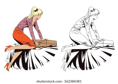 Stock illustration. Girl collects a suitcase.