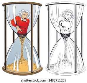 Stock illustration. Girl falls in Hourglass. Allegories of Lifestyle.