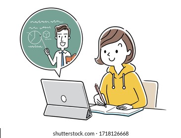 Stock Illustration: Girl Taking An Online Class At Home