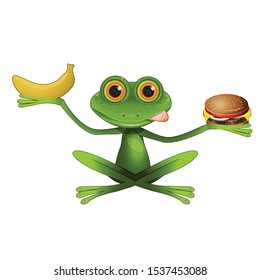 Stock Illustration Green Frog Chooses Food on a White Background