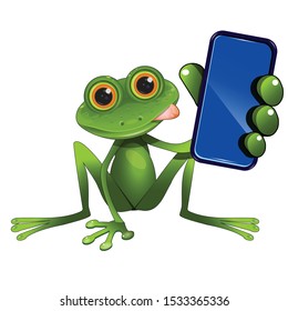 Stock Illustration of a Green Frog Sitting with a Smartphone on a White Background