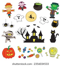 Stock Illustration of halloween collection vector flat cartoon isolated set in doodle style