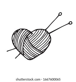 
stock illustration hand drawing in doodle style. skein of wool in the shape of a heart. love of knitting, handmade icon, hobby.