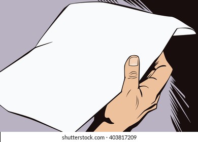 Stock illustration. Hands of people in the style of pop art and old comics. Blank sheet of paper for your message in the man's hand.