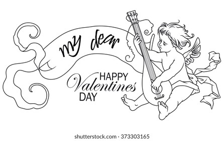 Stock Illustration. Happy Valentine's day. Angel with a lute.