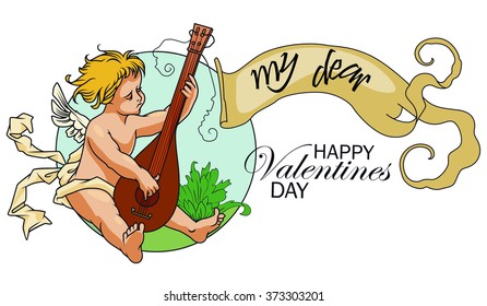 Stock Illustration. Happy Valentine's day. Angel with a lute.