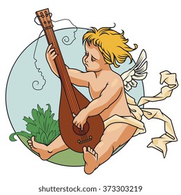 Stock Illustration. Happy Valentine's day. Angel with a lute.