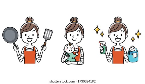 Stock illustration: housewife housework, childcare, cooking, cleaning