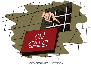 Stock illustration. Jail. Lattice in window prison. Hand holds a sign. On sale!

