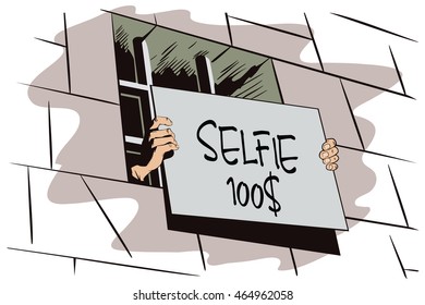 Stock illustration. Jail. Lattice in window prison. Hand holds a sign. selfie 100 dollars
