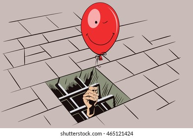 Stock illustration. Jail. Lattice in window prison. Hand with a balloon. Funny image cheerful person.
