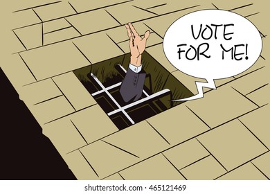 Stock illustration. Jail. Lattice in window prison. Waving hand. Vote for me!

