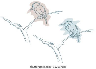 Stock illustration. Line graphic. Bird on a branch. Satisfied and offended.