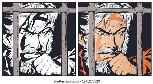 Stock illustration. Male in jail. Man is behind prison lattice.