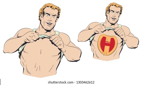 Stock illustration. Man acting like a superhero.