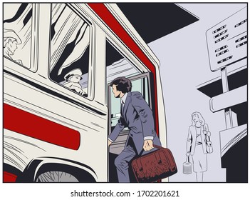 Stock illustration. Man carrying bag. Businessman going on vacation.