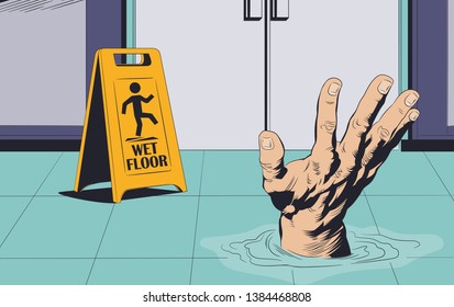 Stock illustration. Man drowning on wet floor. Warning sign.