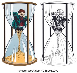 Stock illustration. Man falls in Hourglass. Allegories of Lifestyle.