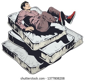 Stock illustration. Man falls on soft mattresses. Danger foreseen is half avoided.