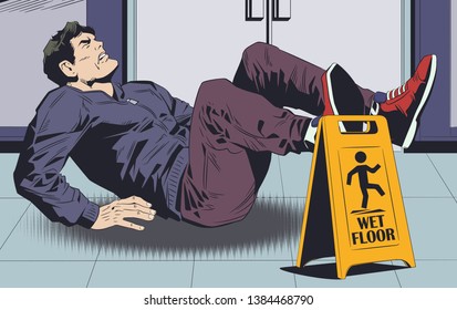 Stock illustration. Man falls on wet floor. Warning sign.