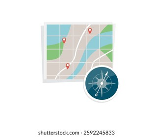 Stock illustration of a map with a red compass needle and a red compass on a white background, flat style.