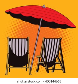 Stock illustration. Object in retro style pop art and vintage advertising. Parasol and deck chairs