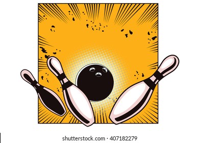 Stock Illustration. Object In Retro Style Pop Art And Vintage Advertising. Bowling Ball Crashing Into The Pins