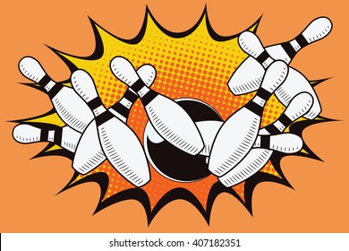 Stock Illustration. Object In Retro Style Pop Art And Vintage Advertising. Bowling Ball Crashing Into The Pins