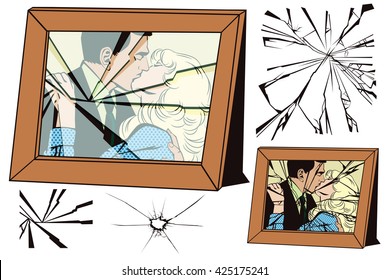 Stock illustration. Object in retro style pop art and vintage advertising. Broken frame and effects of broken glass.