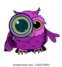 Stock Illustration Owl Looks Through a Magnifying Glass on a White Background