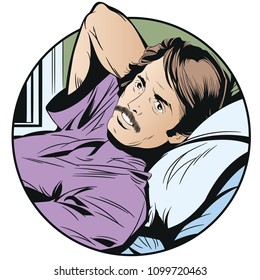 Stock illustration. Pensive man in bed.